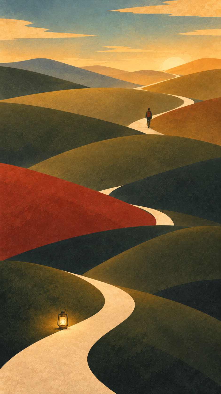 A lantern rests beside a winding path while a lone traveler continues over the hills toward the light.
