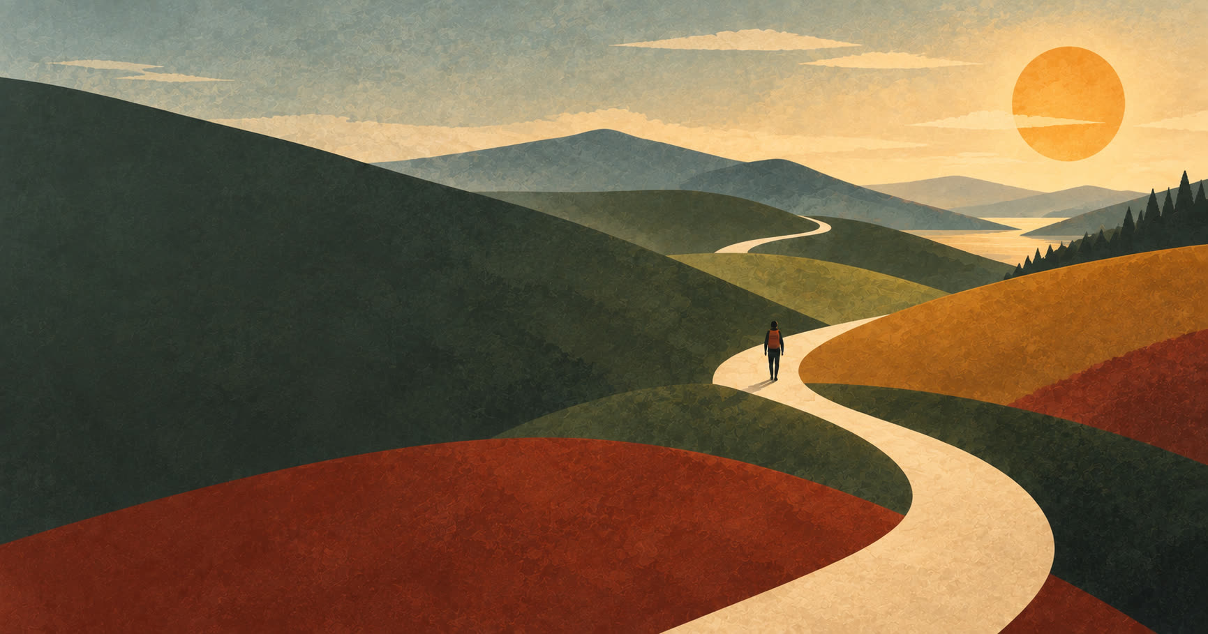 Stylized landscape of layered green, rust, and ochre hills under a warm sun; a lone traveler walks a winding cream path that disappears toward distant mountains.
