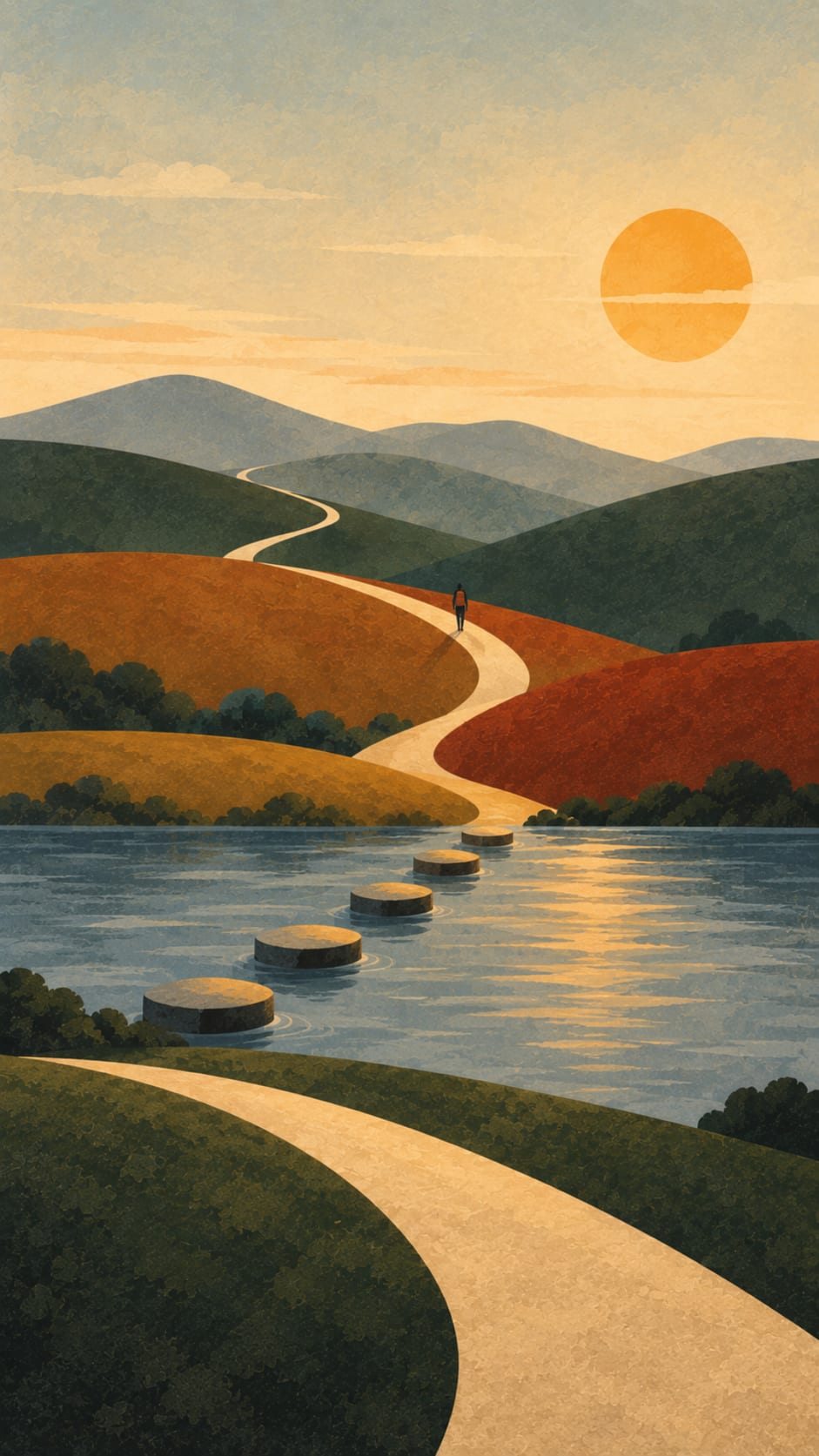 A traveler, small on a hillside path across the river, climbs away from a stepping-stone crossing while a worn road continues along the near bank below.