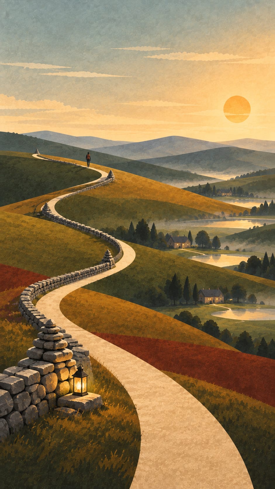 A lantern rests on a stone at the foot of a cairn beside a winding path while a lone traveler continues across the valleys toward the light.
