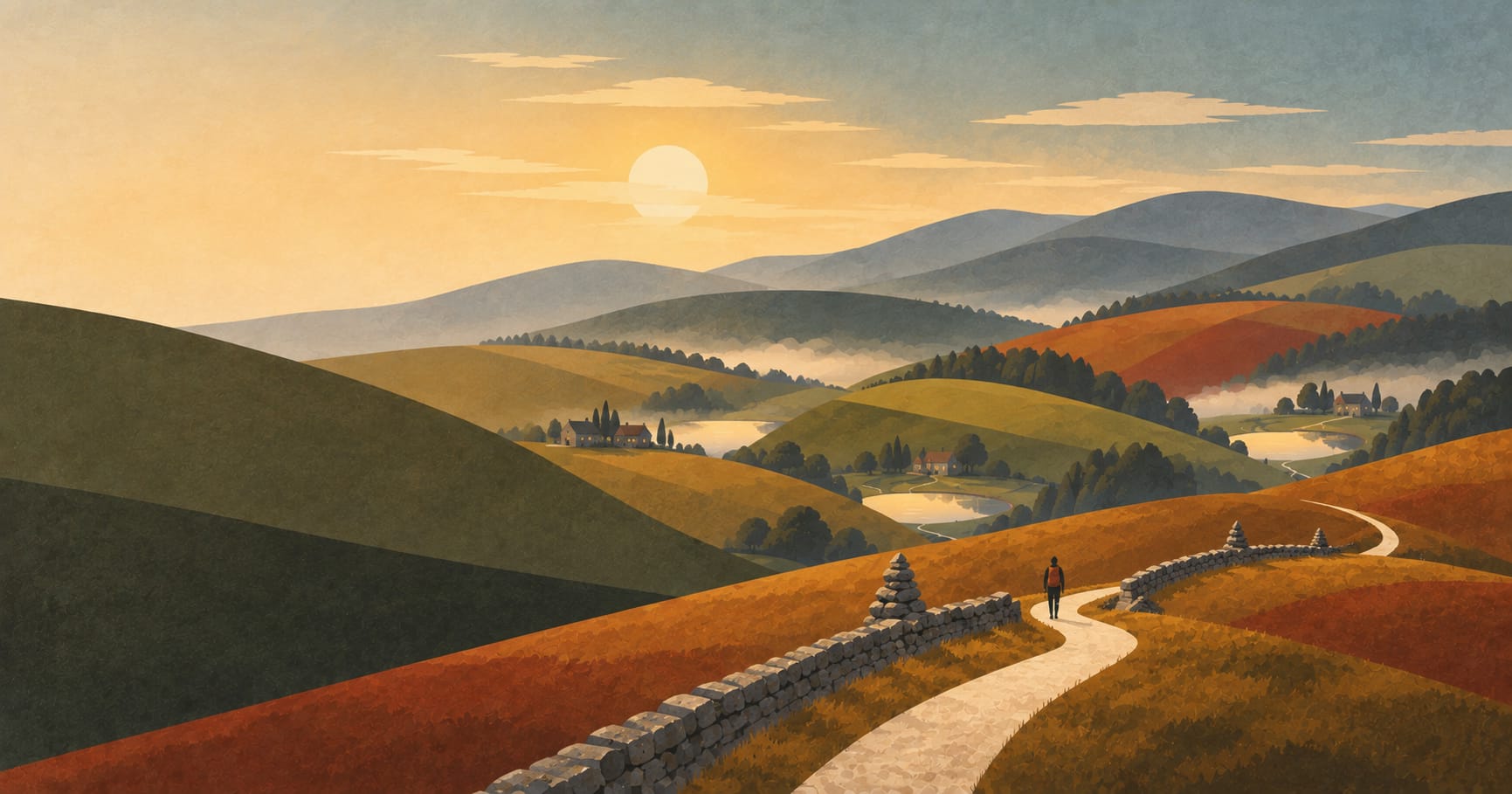 Stylized landscape of terraced hills in olive, ochre, and clay, divided into separate valleys by low ridges, each with a small farmstead and pond under low mist; a stone wall and cream path cross the ridges past small stone cairns while a tiny traveler walks along it.