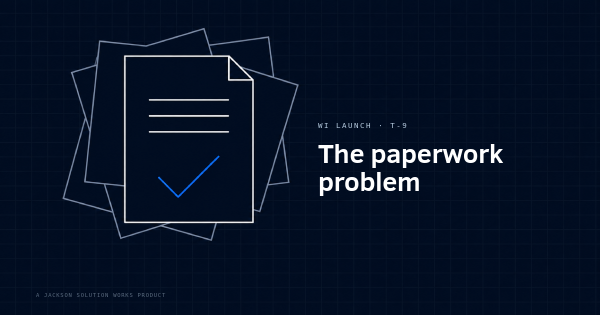 Scattered papers resolving into one clean document with a checkmark, illustrating the Wisconsin contractor paperwork problem